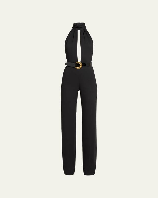 Stretch Sable Belted Halter Jumpsuit