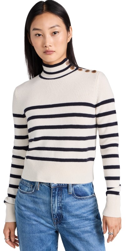 FRAME Shrunken Mariner Cashmere Turtleneck Off White Multi