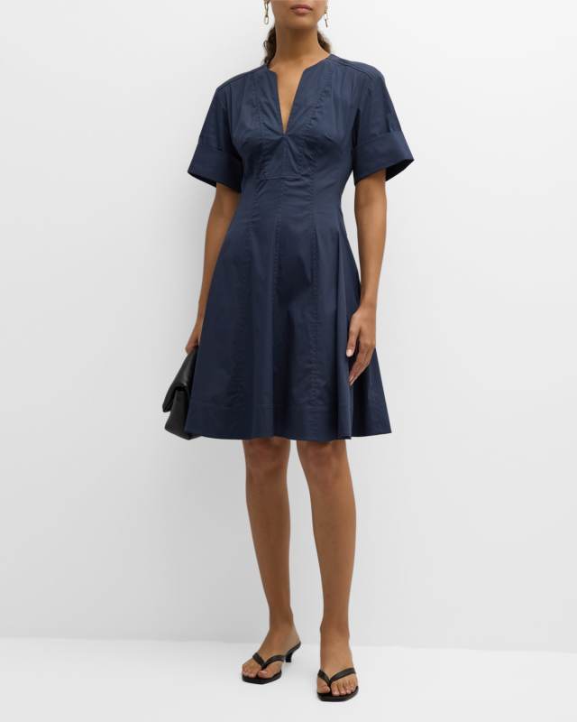 Sora Short-Sleeve Topstitched A-Line Midi Dress