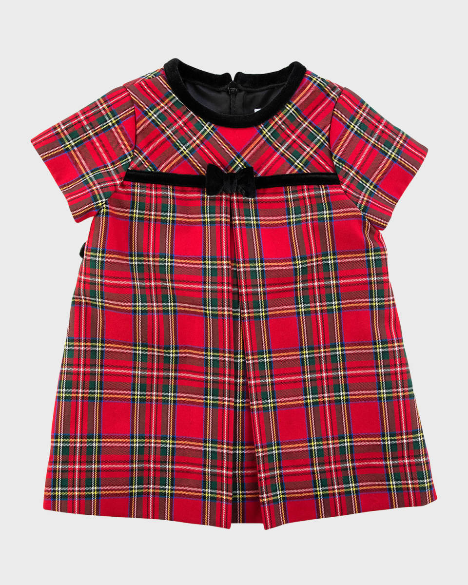 Girl's Tartan Plaid Dress W/ Velvet Button, Size 2-3