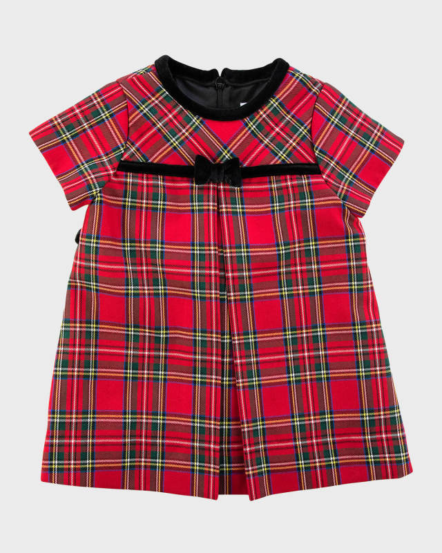 Girl's Tartan Plaid Dress W/ Velvet Button, Size 2-3