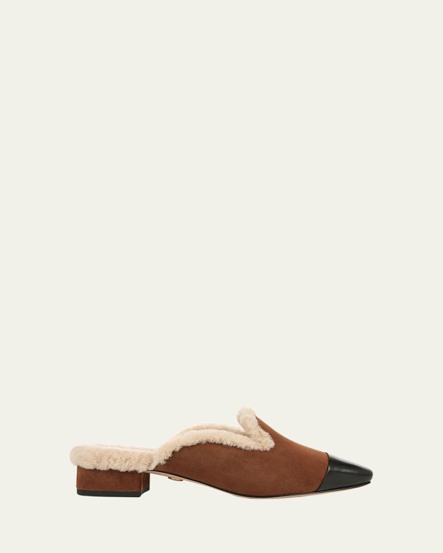Cecile Suede Shearling Cap-Toe Mules