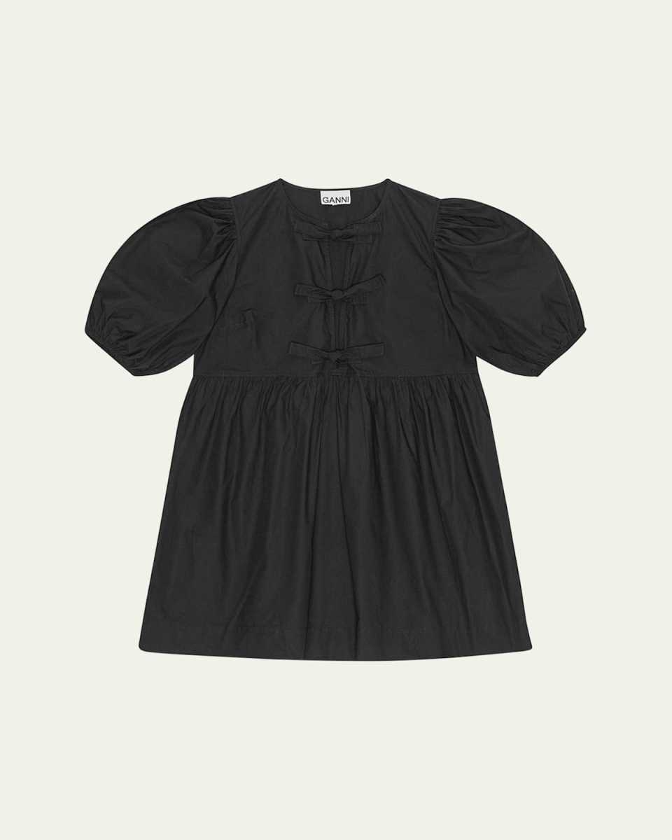 Tie-Front Puff-Sleeve Poplin Mini Dress