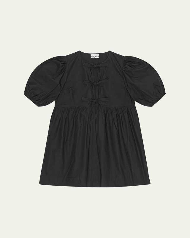 Tie-Front Puff-Sleeve Poplin Mini Dress