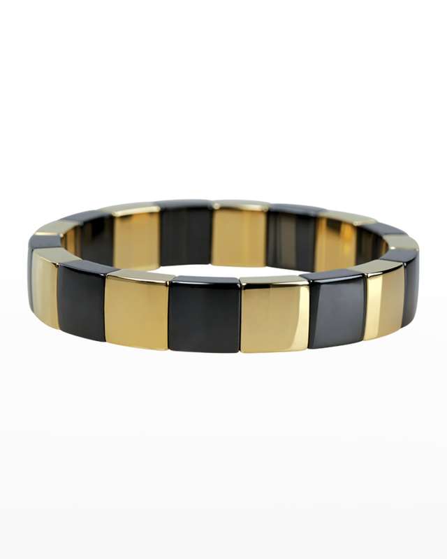 Yellow Gold Overlay and Black Ceramic Domino Stretch Bracelet
