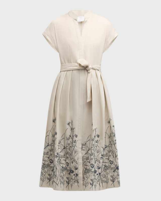 Pleated Floral-Embroidered Midi Dress