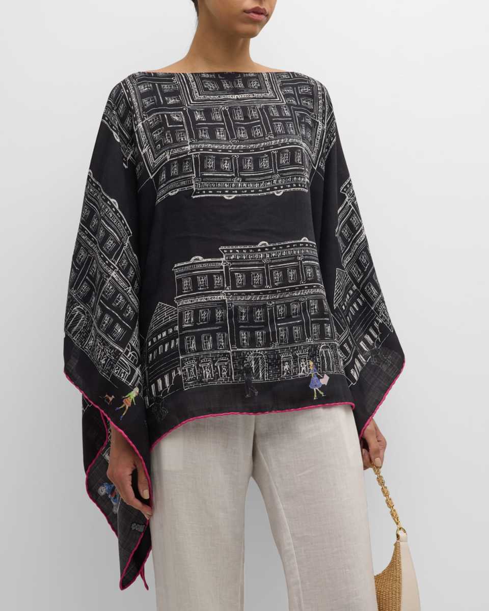 Asti Black Print Cashmere-Blend Poncho
