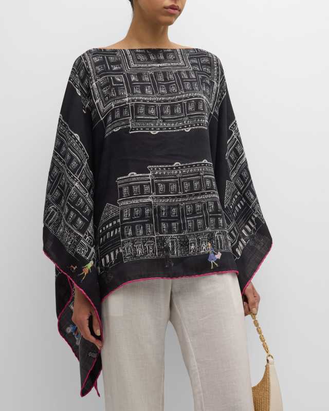 Asti Black Print Cashmere-Blend Poncho