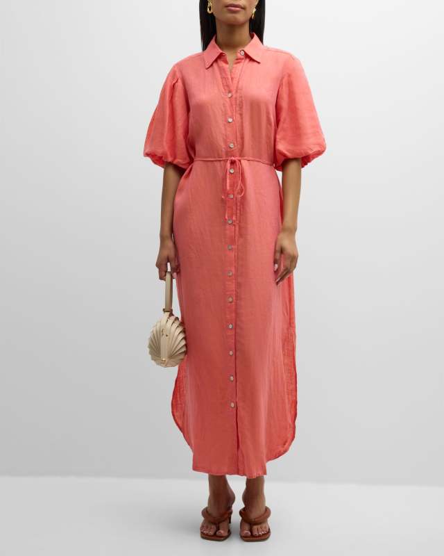 Madeline Blouson-Sleeve Linen Maxi Shirtdress
