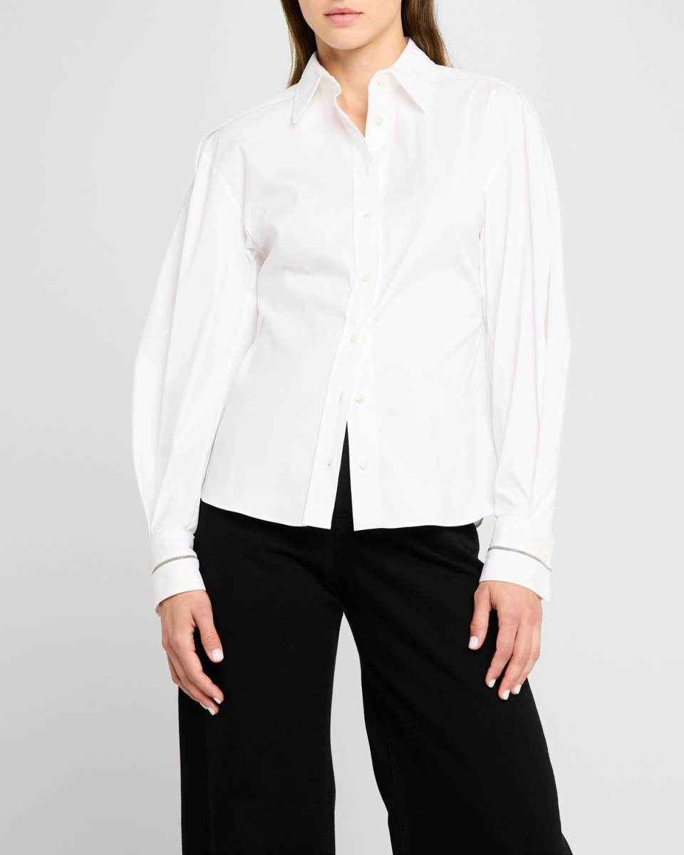 Monili-Cuffs Structured Sleeve Cotton Poplin Blouse