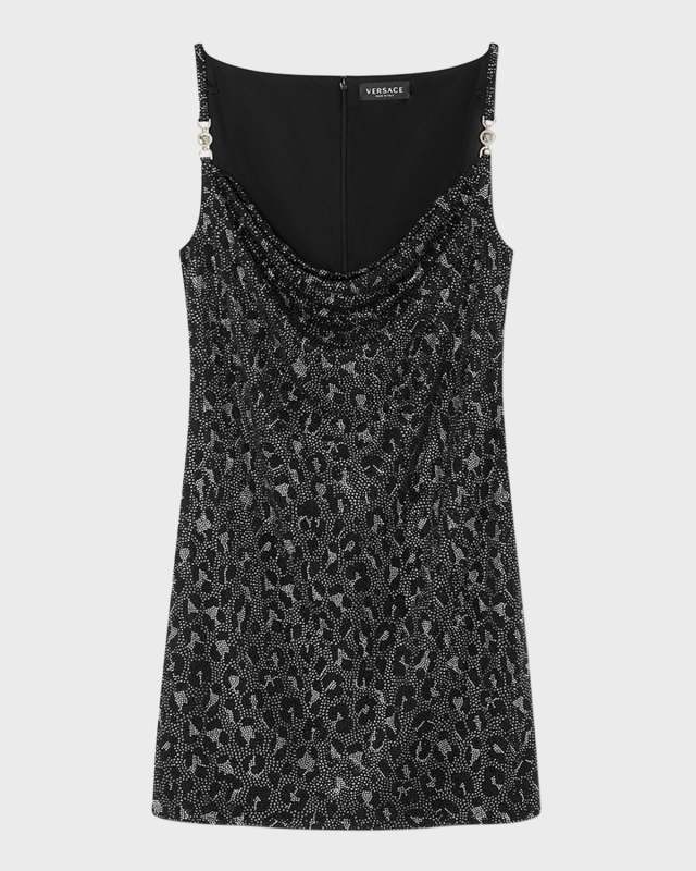 Leopard Crystal Cowl-Neck Liquid Jersey Mini Dress