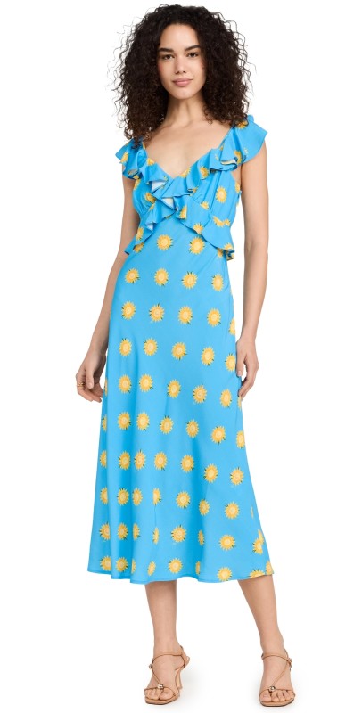 KITRI Rosemary Blue Sunflower Print Midi Dress Blue Sunflower