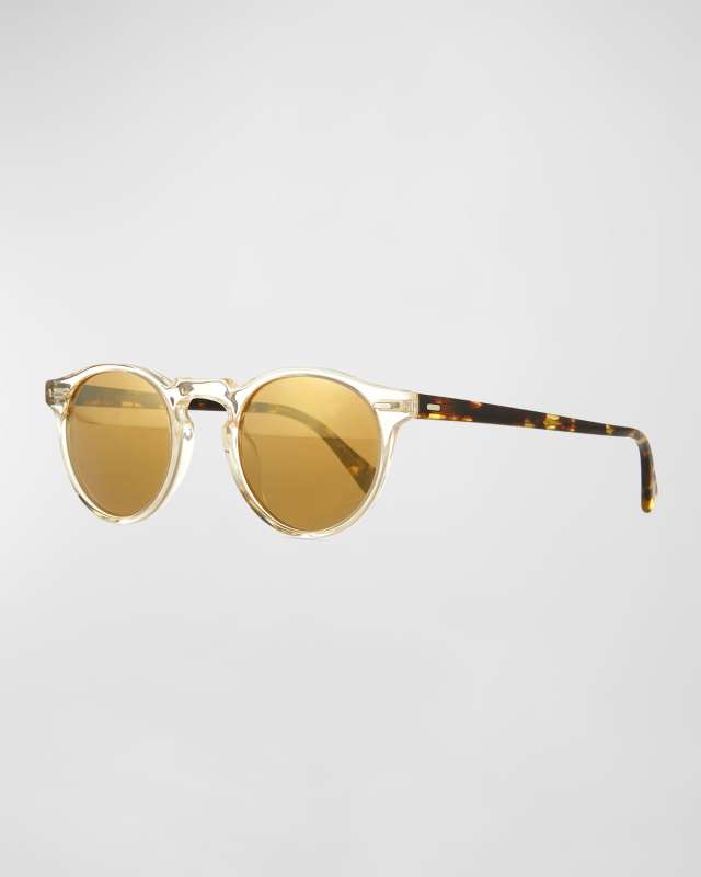 Gregory Peck Round Plastic Sunglasses, Clear/Tortoise