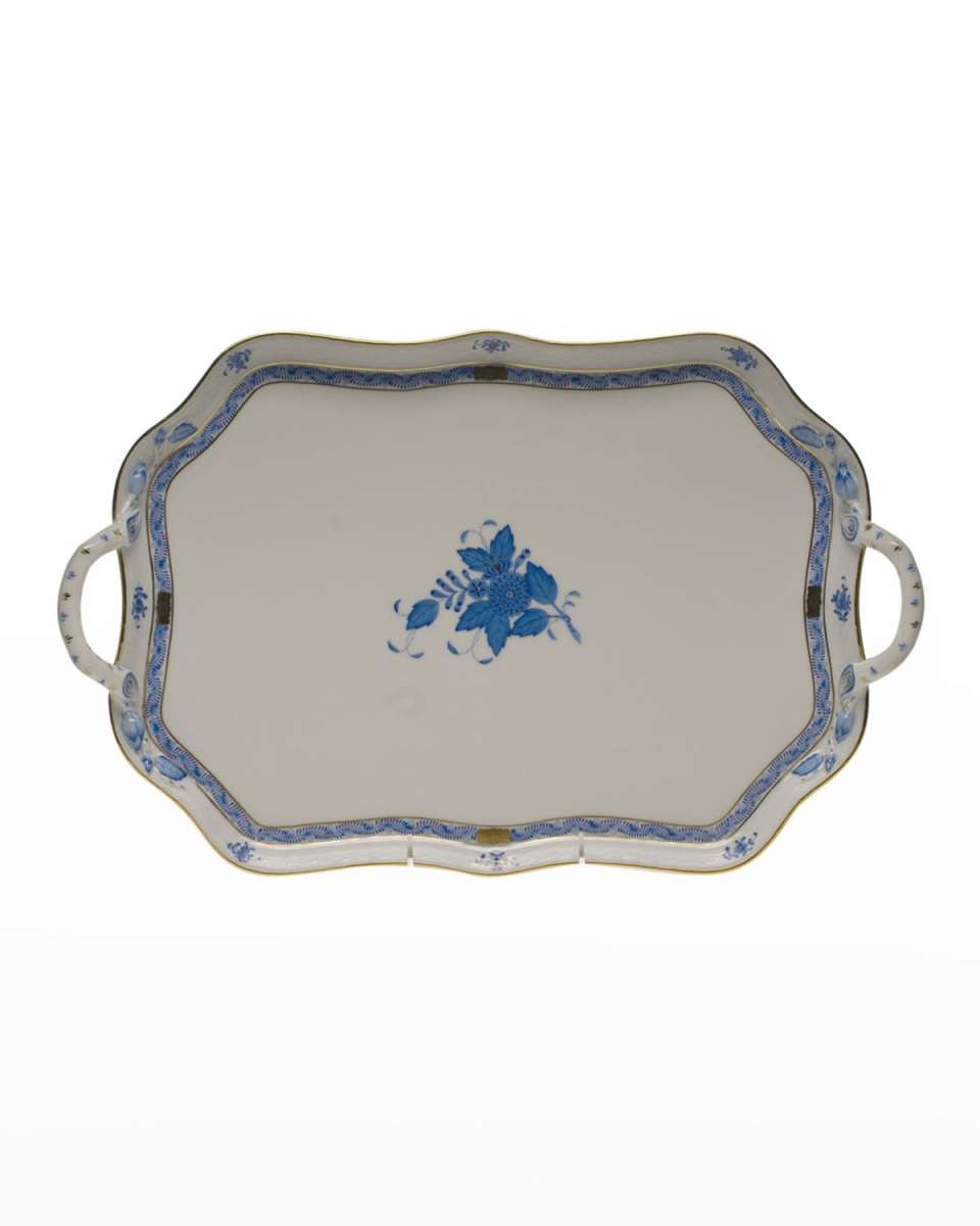 Chinese Bouquet Blue Rectangular Tray with Handles