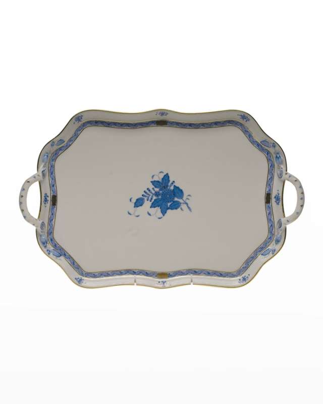 Chinese Bouquet Blue Rectangular Tray with Handles