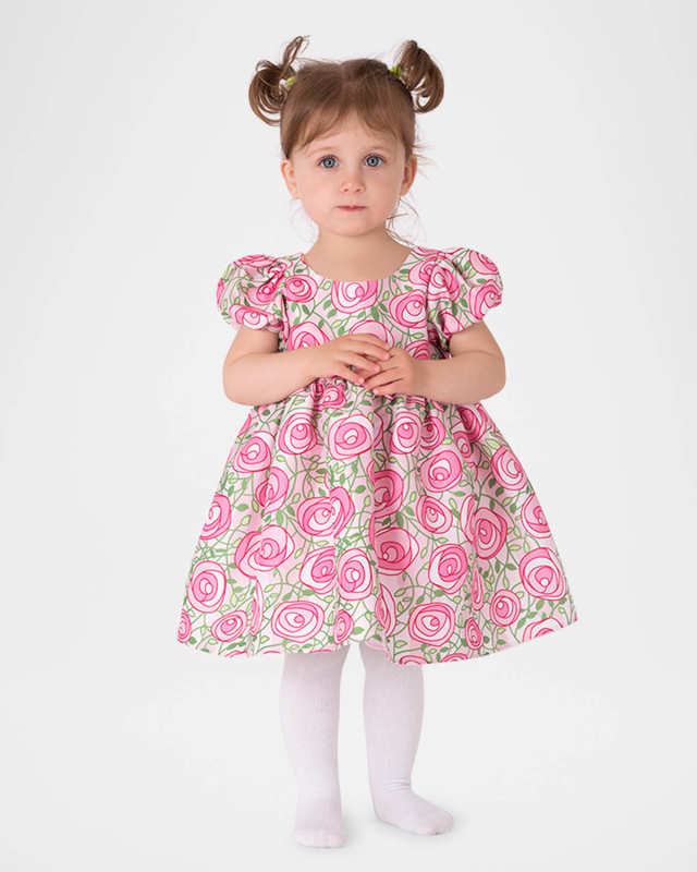 Girl's Rose-Print Puff Sleeve Dress, Size 12M-