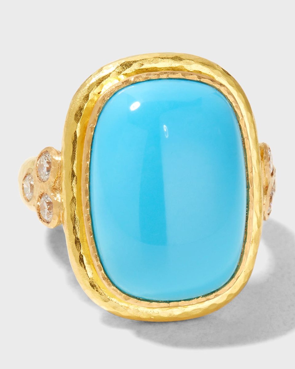 19K Gold Cushion-Cut Turquoise Ring with Diamonds, Size