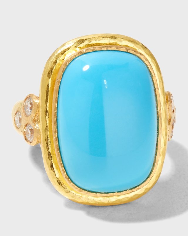 19K Gold Cushion-Cut Turquoise Ring with Diamonds, Size