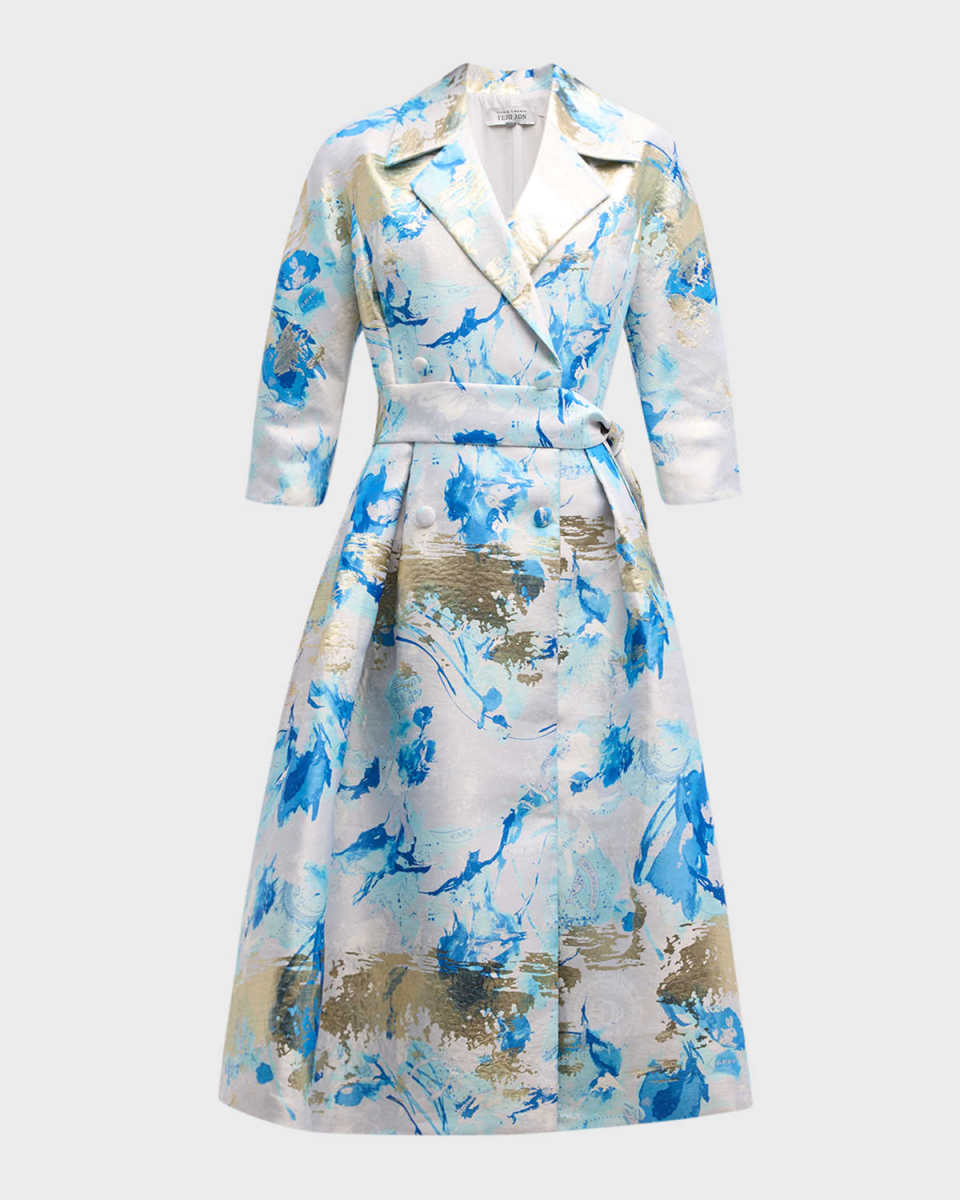 Pleated Metallic Jacquard Midi Coat Dress