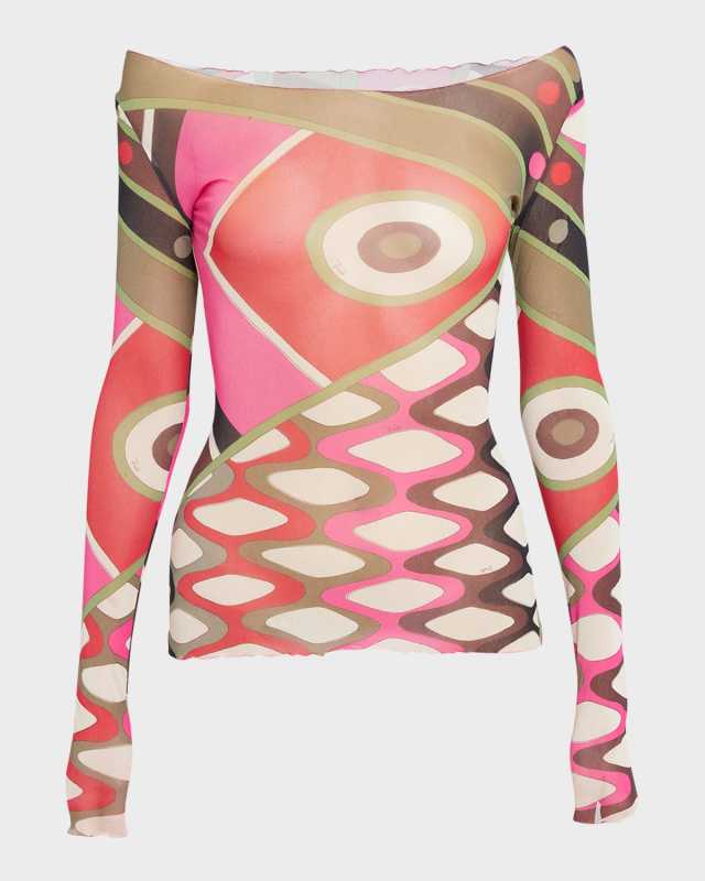 Abstract-Print Off-The-Shoulder Long-Sleeve Mesh T-Shirt