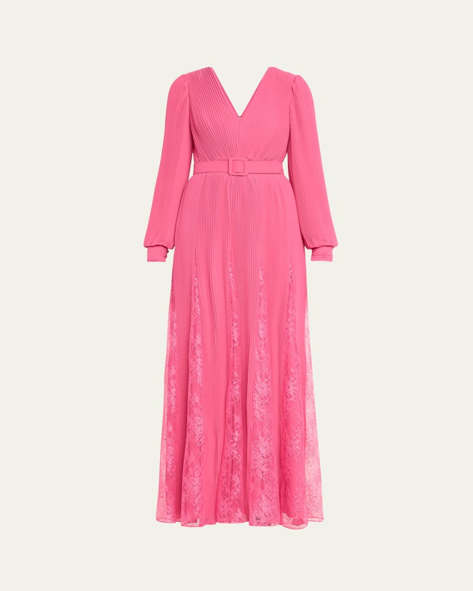 Pleated Lace-Inset Godet Gown