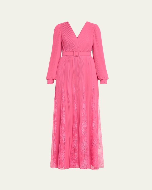 Pleated Lace-Inset Godet Gown