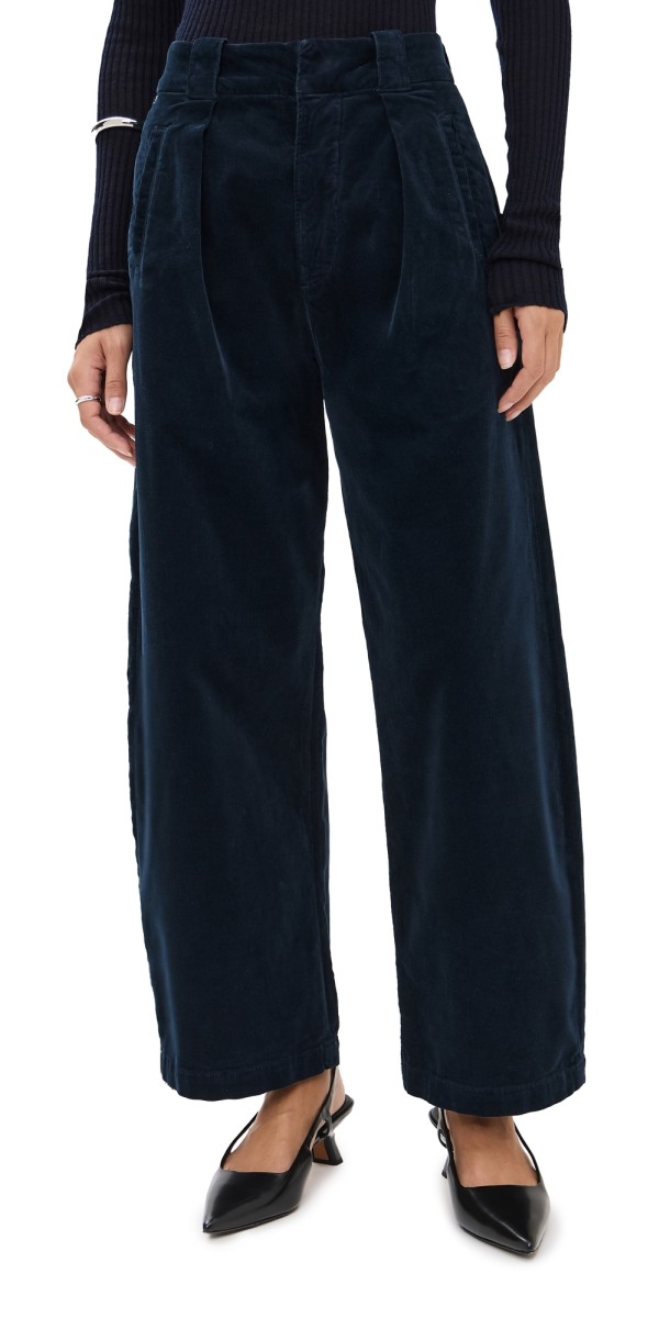 Citizens of Humanity Cara Cropped Pleated Corduroy Trousers Navy