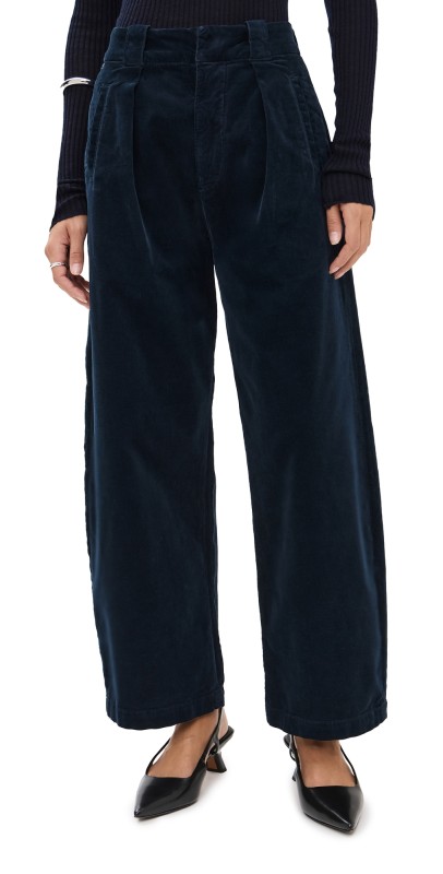 Citizens of Humanity Cara Cropped Pleated Corduroy Trousers Navy