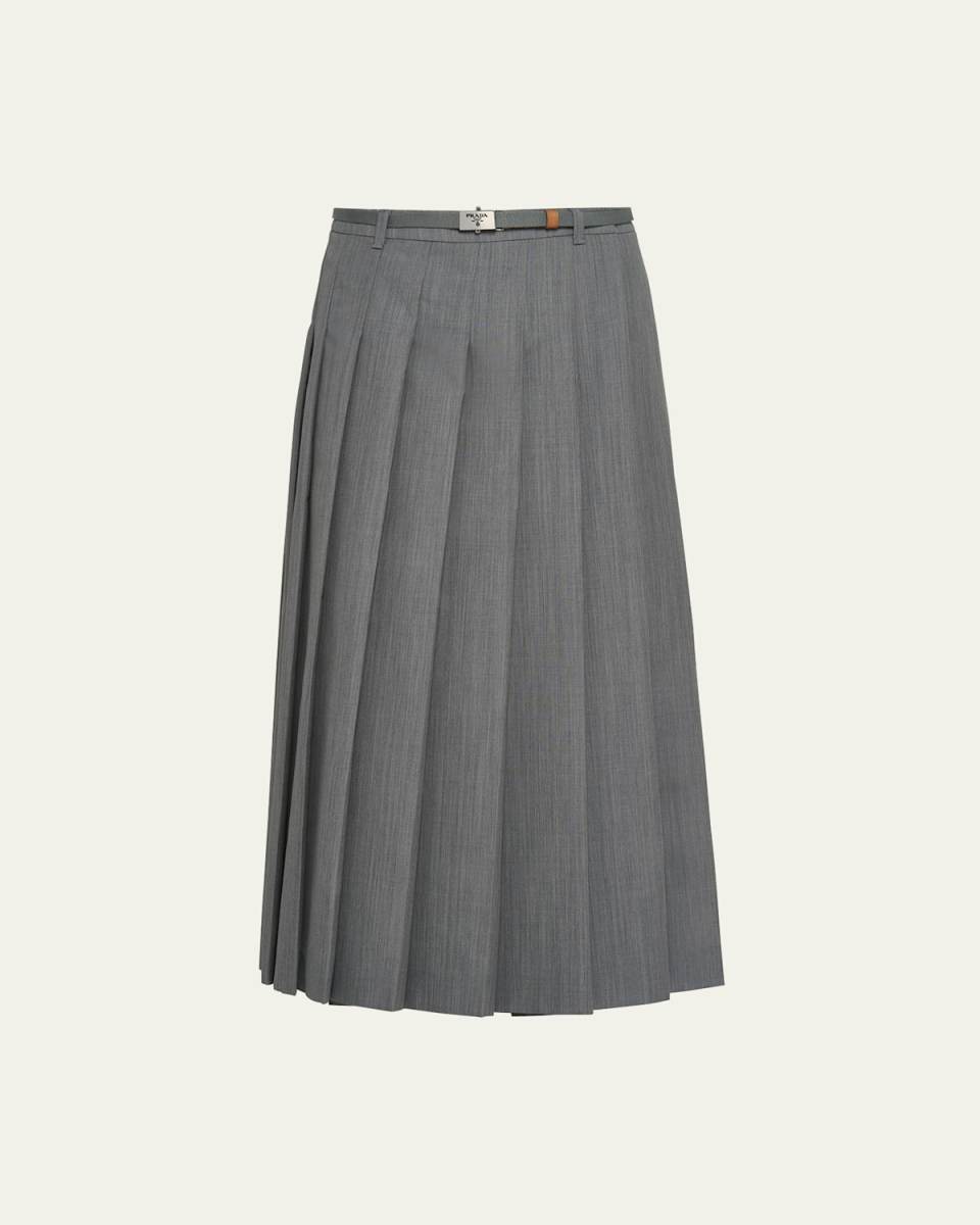 Pleated Kid Mohair Belted Midi Skirt