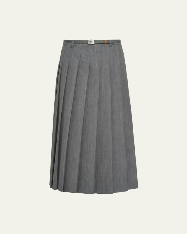 Pleated Kid Mohair Belted Midi Skirt