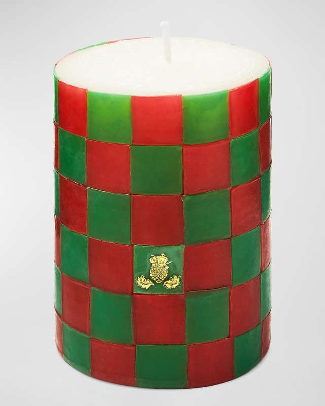 Red and Green Check Pillar Candle, 4"