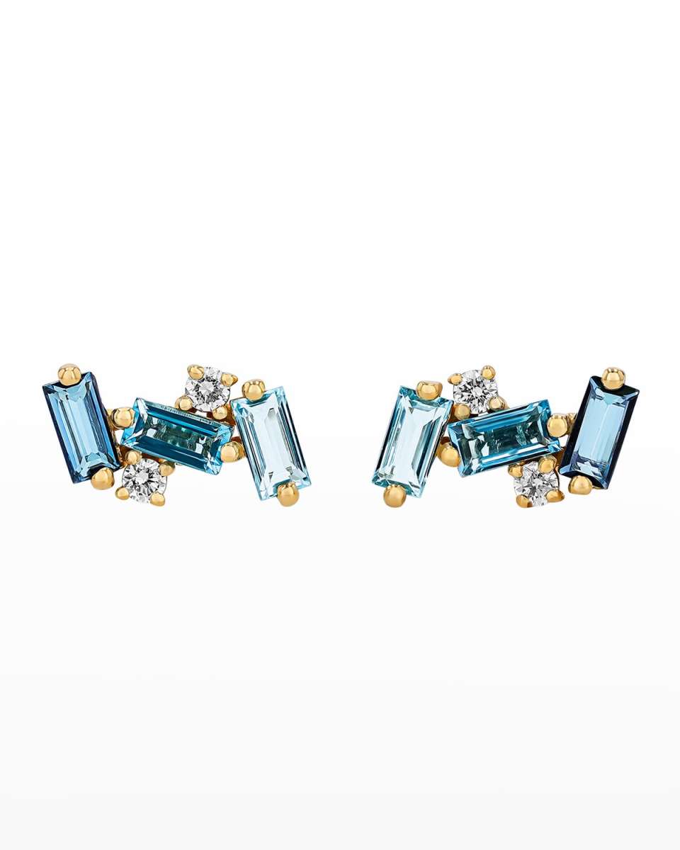 14K Nola Blue Mix Topaz Stud Earrings w/ Diamonds