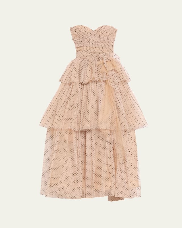 Estelle Polka-Dot Strapless Tiered Gown
