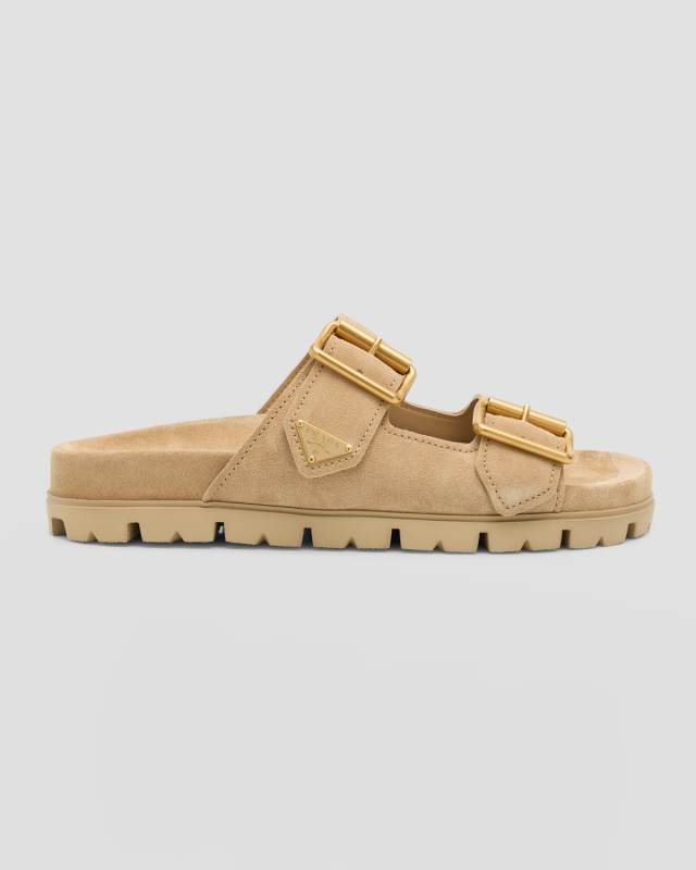 Suede Double-Buckle Slide Sandals
