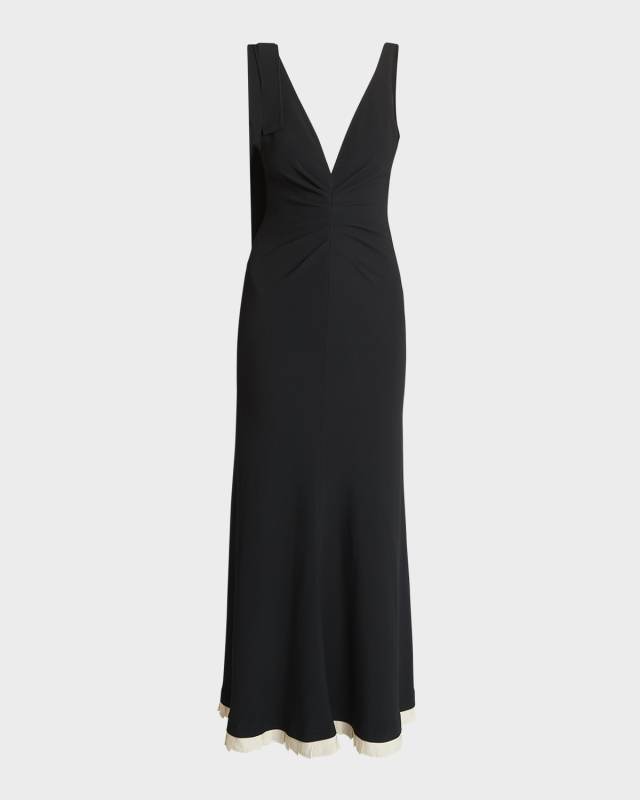 Plunging Gathered-Waist Backless Gown