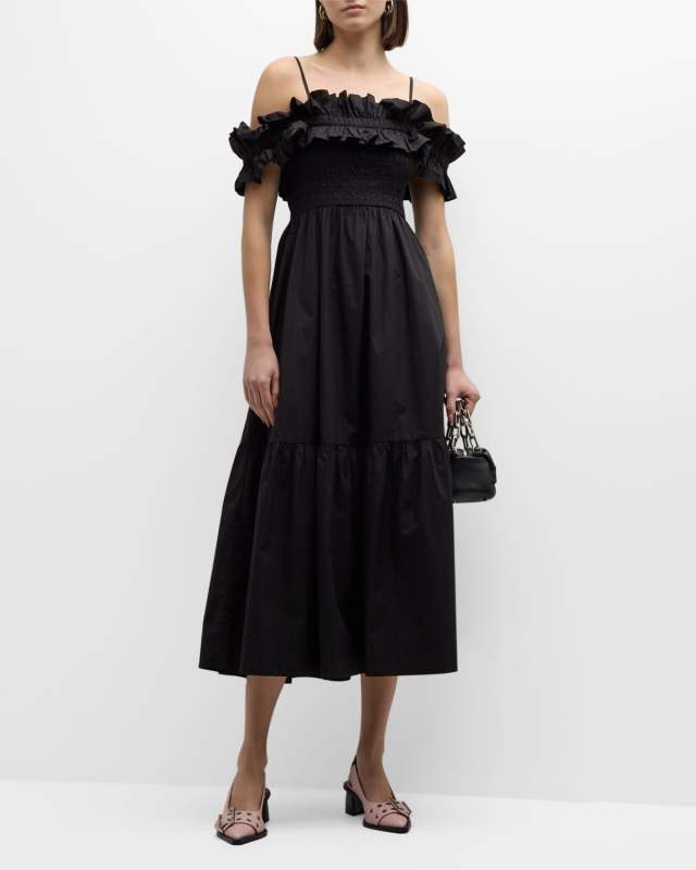 Smocked A-Line Cotton Poplin Midi Dress