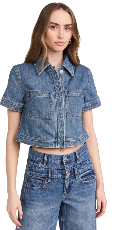 alice + olivia Tesha Cropped Denim Button Down Top Avery Blue