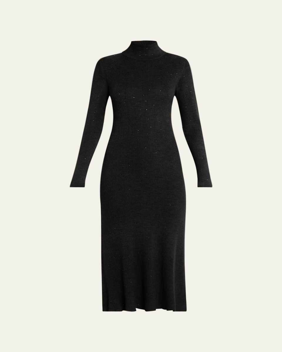 Mock Neck Ombre Crystal Cashmere Wool Midi Dress