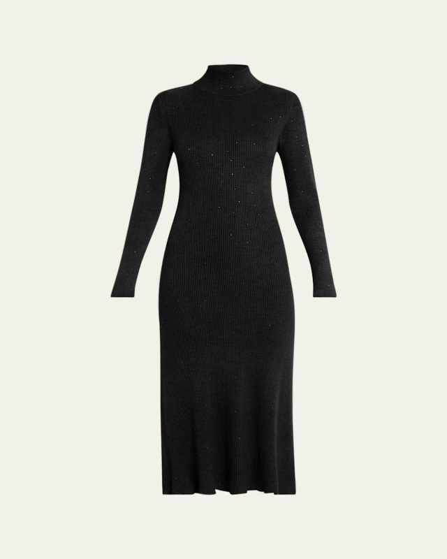 Mock Neck Ombre Crystal Cashmere Wool Midi Dress