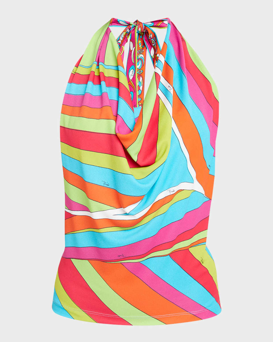Abstract-Print Cowl Halter Top