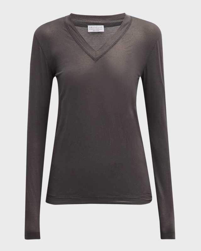 Monili V-Neck Long-Sleeve Lame Jersey Top