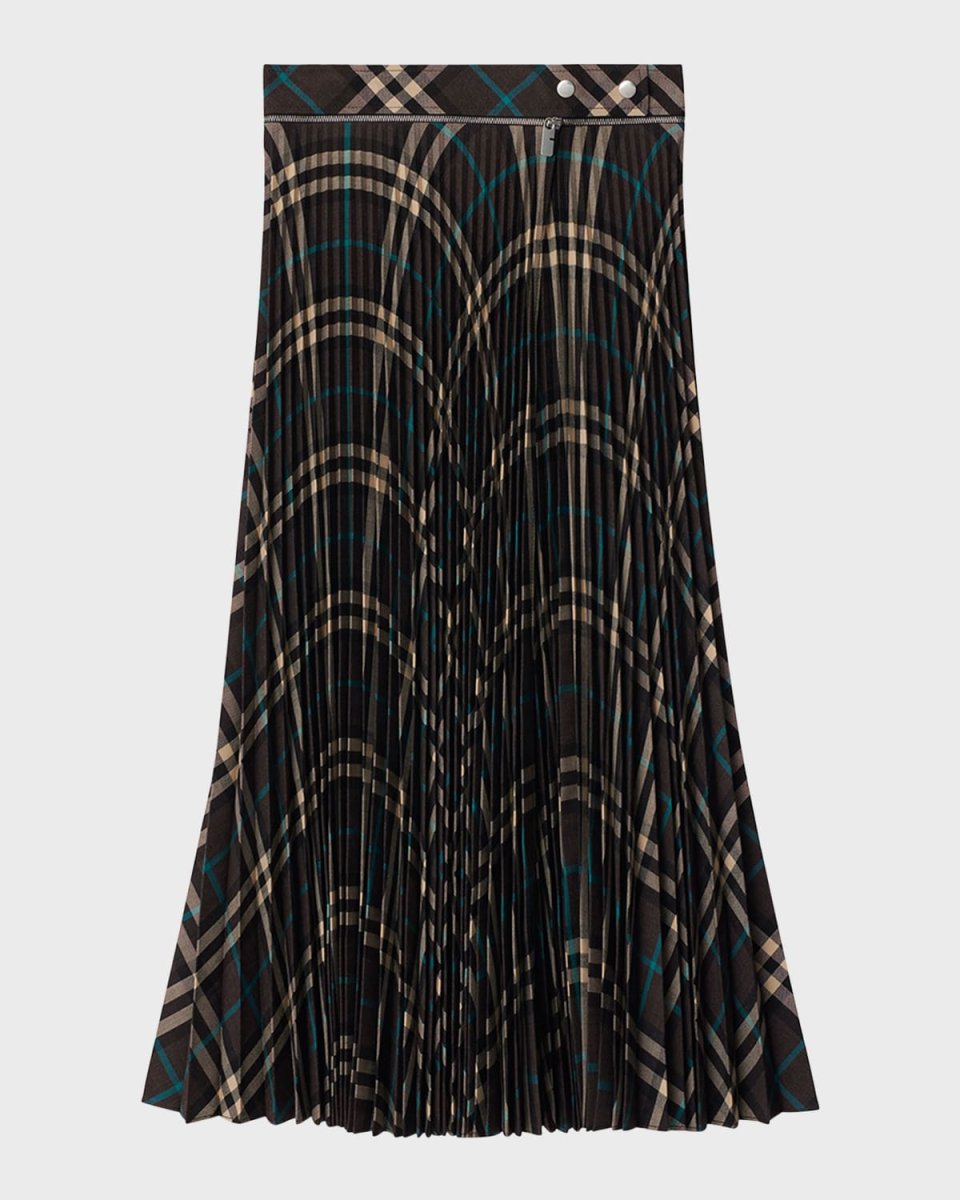 Pleated Check Midi Skirt with Slit