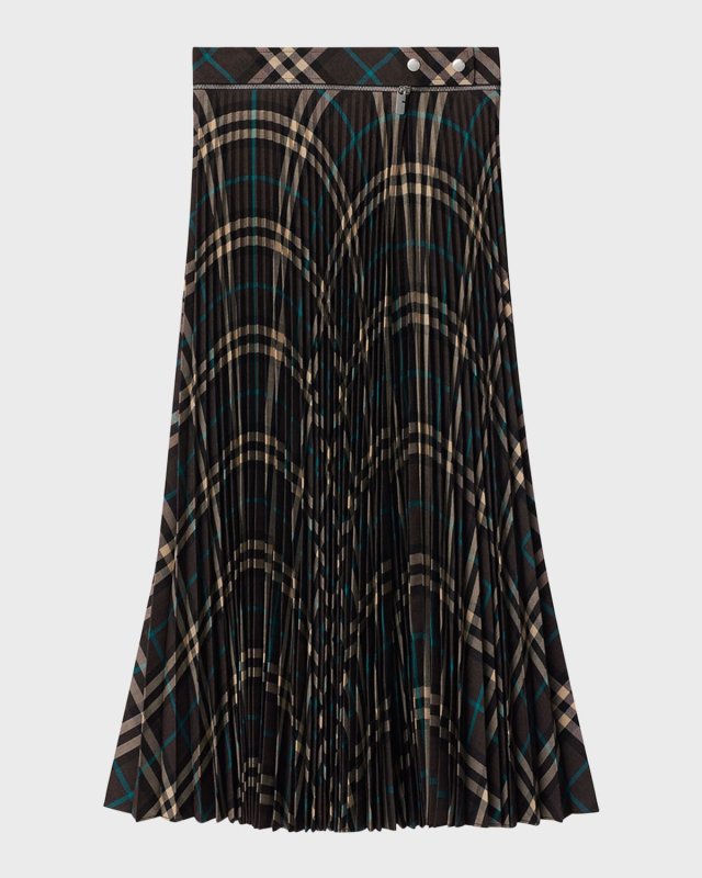 Pleated Check Midi Skirt with Slit