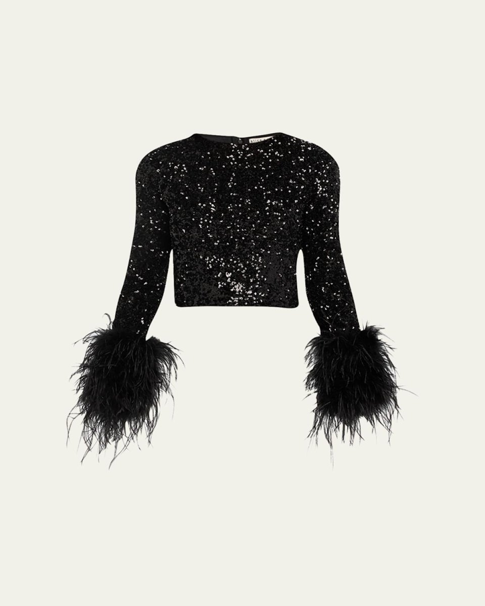 Delaina Sequined Feather-Cuff Top