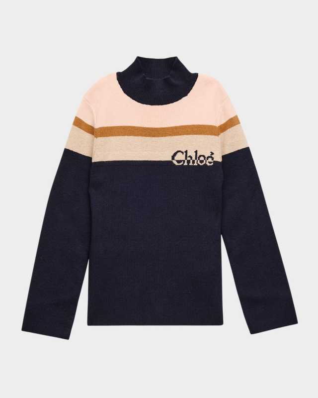 Girl's Striped Logo-Print Knitted Sweater, Size 4-6