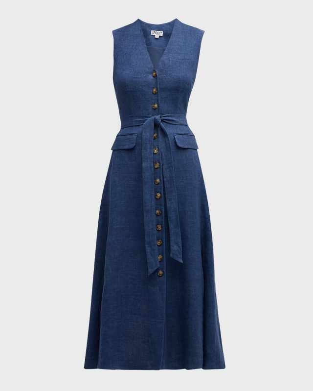 Button-Down Linen-Denim Midi Vest Dress