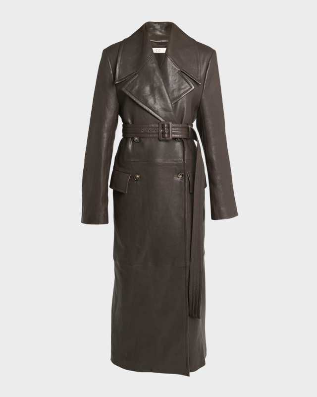 Long Belted Leather Double-Breast Coat