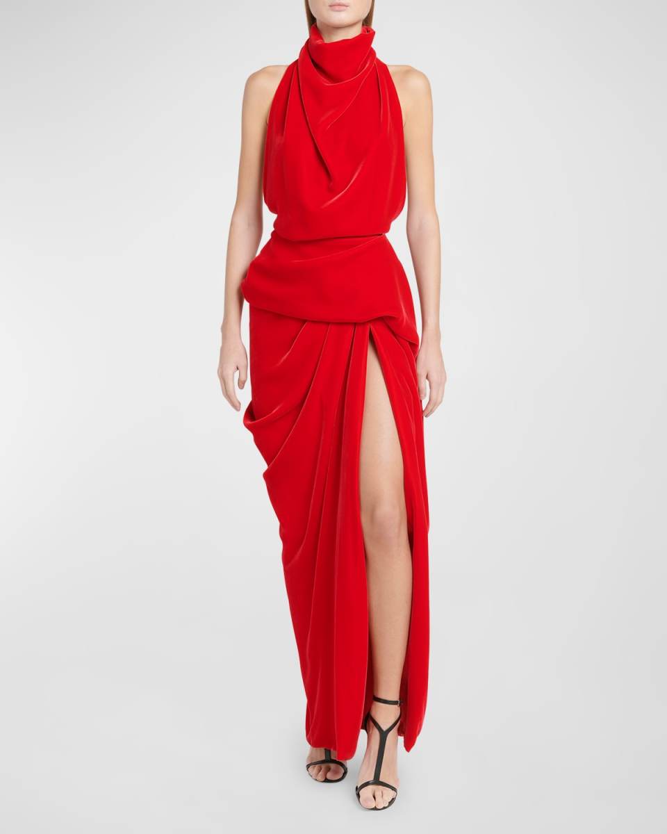 Draped Velvet Backless Gown with Slit