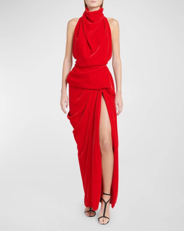 Draped Velvet Backless Gown with Slit