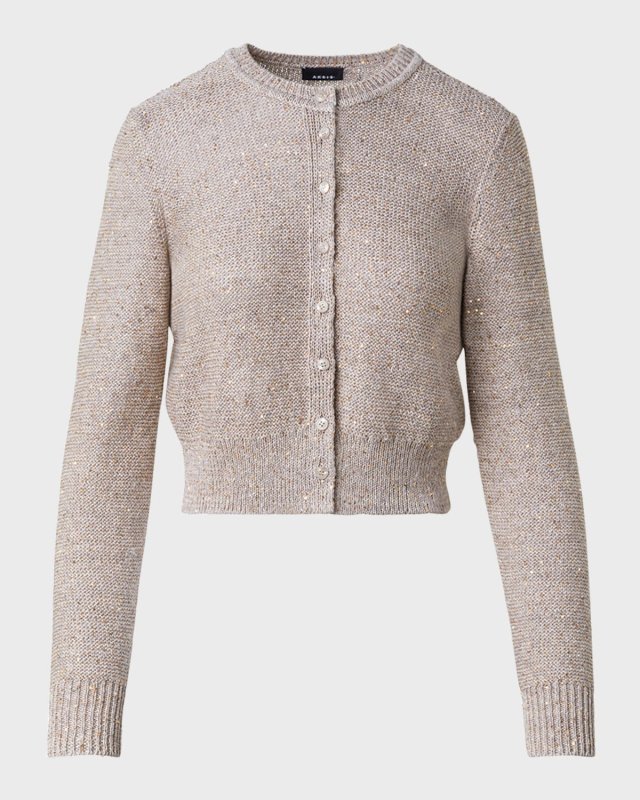 Linen-Blend Short Knit Cardigan with Sequins